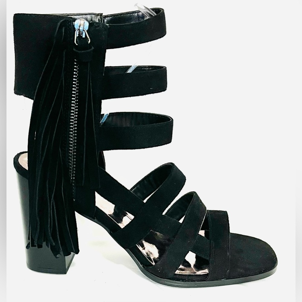 Black Grunge Long Fringe Suede Strappy Caged Whimsygoth Block Heels Size 9.5